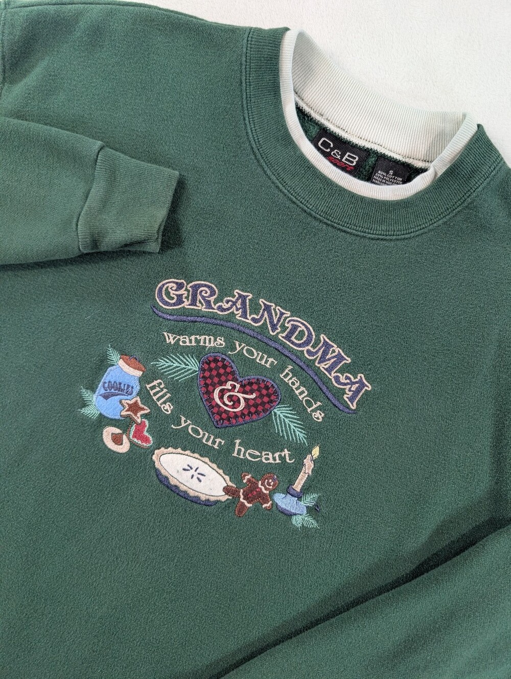 Vtg Croft & Barrow Layered Collar Embroidered Grandma Sweatshirt Green Small